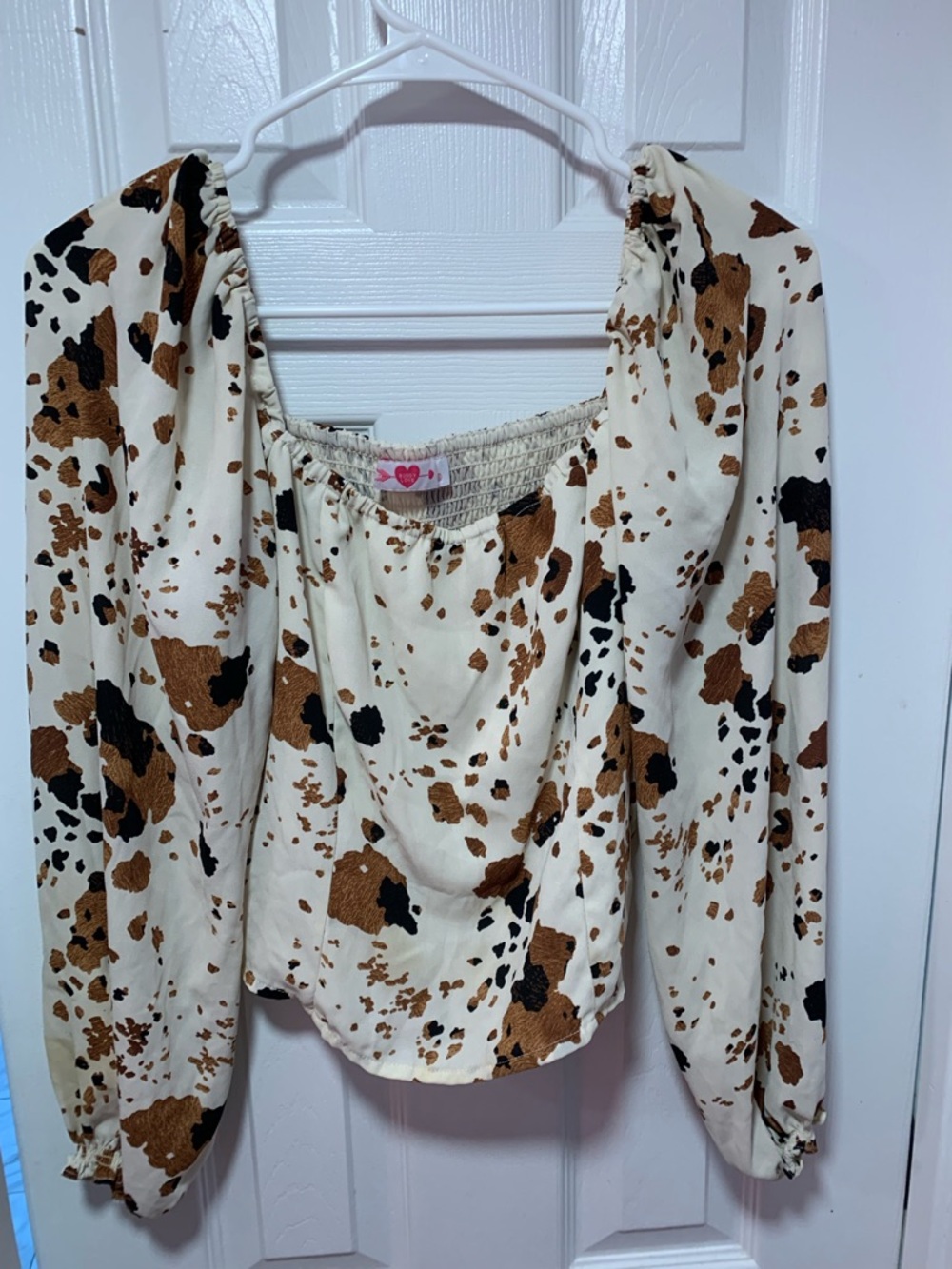Buddy Love Cream Off-Shoulder Top with Brown & Black Spot Print